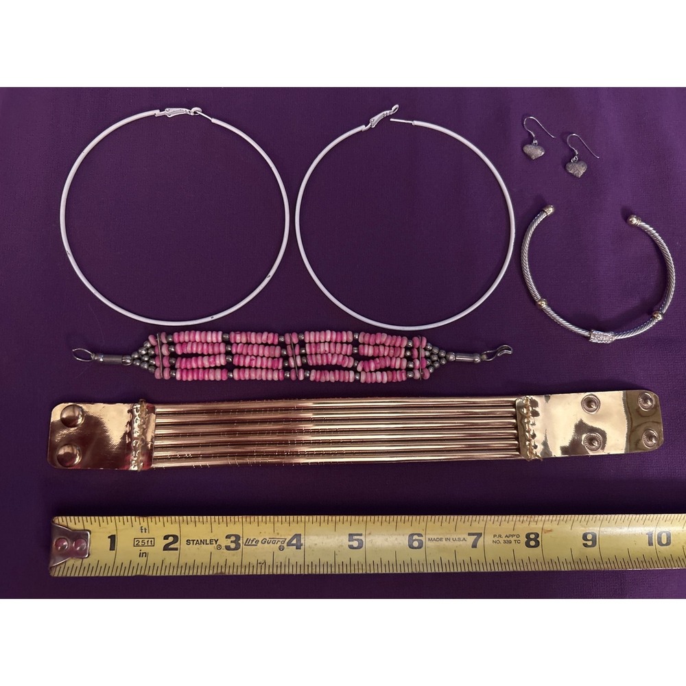 Jewelry Lot Large Hoop Earrings Heart Pink Beaded Gold Tone Cable Cuff 5pc